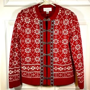 100% Extra Fine Italian Merino Wool SWEATER CARDIGAN Red White Snowflakes M EXC